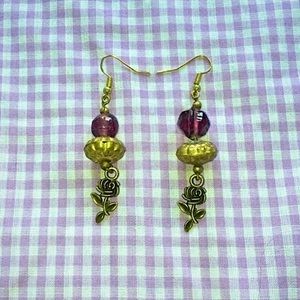 Purple Glass Beaded Rose Dangle Earrings